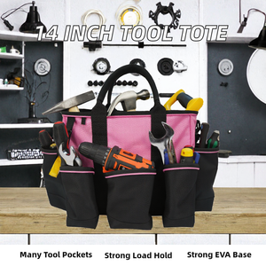 14 Inch Custom Logo Pink Polyester Open Top <b>Tote</b> <b>Tool</b> <b>Bag</b> with Hard EVA Base 200 lb /Capacity 3-Year Warranty for Contractors - Product Image 2