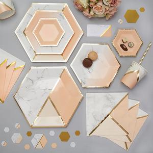 Assiettes de fête jetables en forme d'hexagone, rose et vert, avec estampage à chaud, pour décoration d'anniversaire - Product Image 3