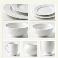 Service de Table en Porcelaine Blanche Luxe Moderne Écologique avec Motif Losanges Gaufrés, Bord Perlé, Assiettes, Bols et Tasses Personnalisables – Vente en Gros