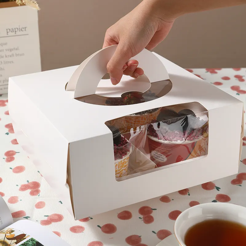 Boîtes carrées en papier à biscuits blanc personnalisé pour dessert avec fenêtre Emballage de mariage Boîtes à cupcakes 4 trous pour pâtisserie