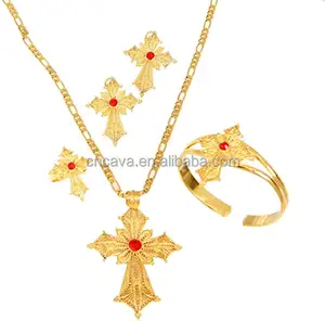 2021 hot sale popular ethiopian stone color cross jewelry set gold color necklace earrings ring bangle