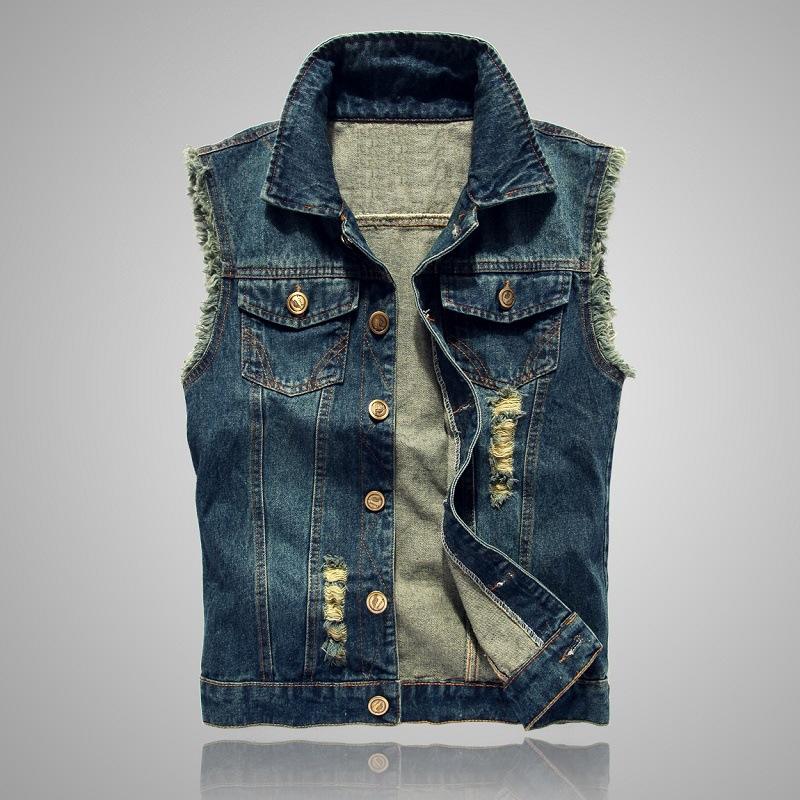 Denim Sleeveless Jacket Men Fashion Ripped Cotton Jean Vests Plus