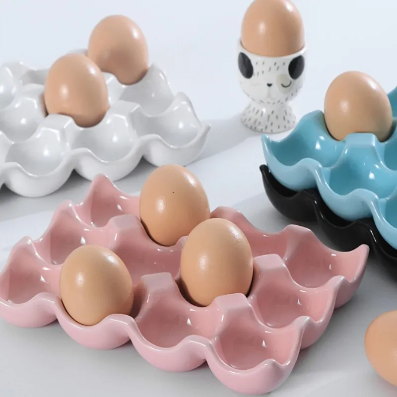 Bandeja organizadora de huevos de porcelana personalizada, soporte para gofres de cerámica para huevos de cocina