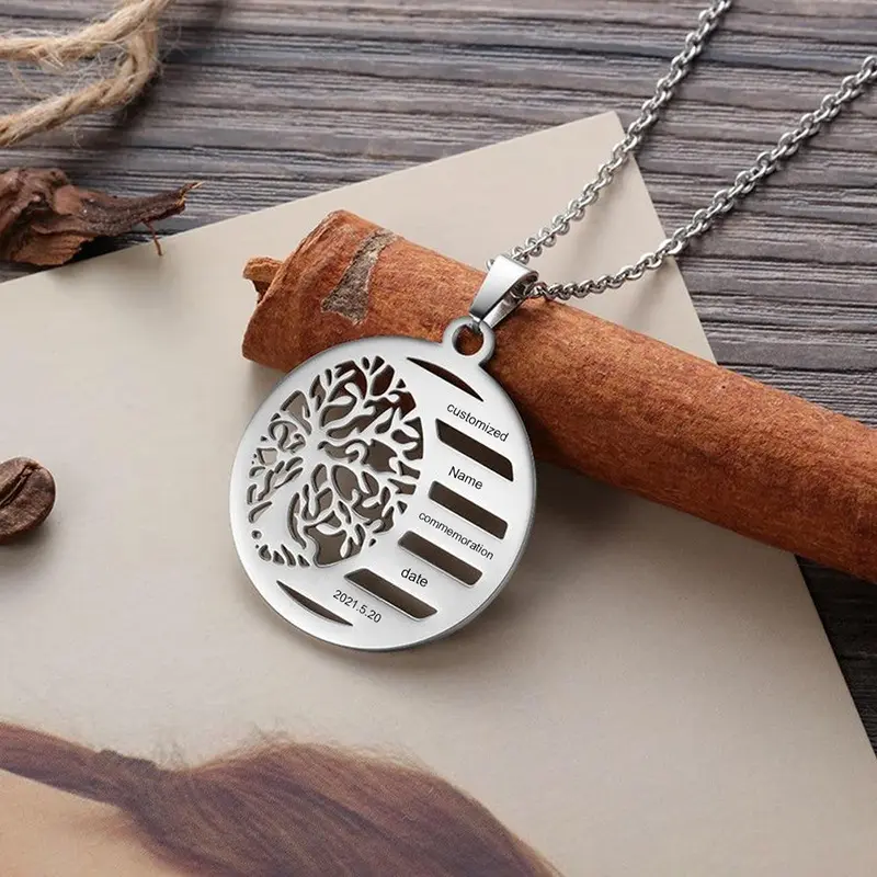 Tree Of Life Pendant Necklace Women Stainless Steel Custom Engraved Name Round Silver Necklaces Christmas Gifts For Family
