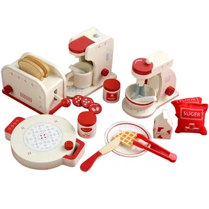 Juego de simulación de madera para niños, mini licuadora de cocina para hacer café, tostada, máquina de pan, simulación de pastel, té, juguete