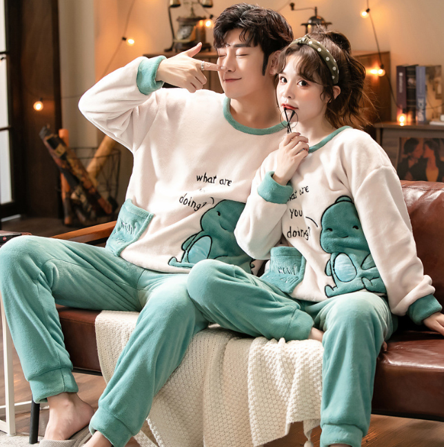 Winter Coral Fleece Couple Pajamas Warm Cute Flannel