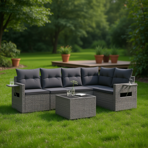 Ensemble de canapés de jardin gris 6 places en rotin, mobilier d'extérieur résistant aux intempéries, design contemporain - Product Image 2