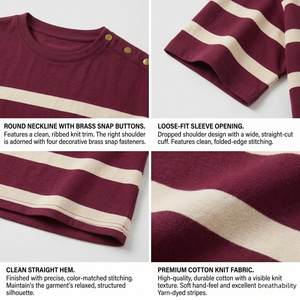 Wholesale Women Casual Loose fit Striped T-<b>Shirt</b> TKAN1154D Drop Shoulder Half Sleeve Crew Neck polyester t <b>shirt</b> with Button - Product Image 2