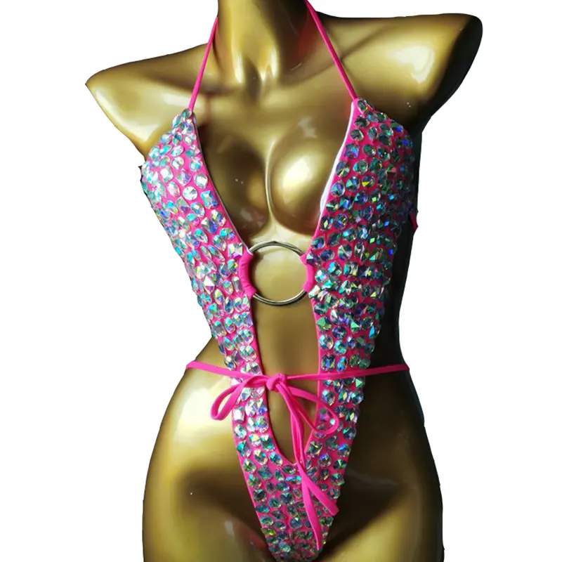 Factory Designer Crystal Bikini Stone One Piece Luxury Swimwear Fashion Show High Cut Bathing Suit