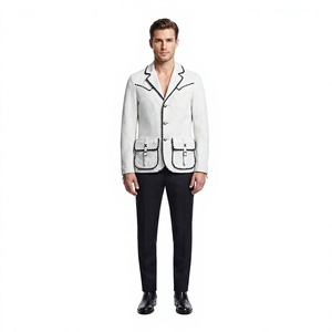<b>Men's</b> White Notched Lapel Blazer Single Breasted With <b>Black</b> Trim Pockets Regular Sleeve Wool Blend Coat - Product Image 1