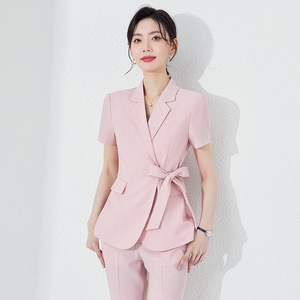 Women's Pink Short Sleeve Suit Set Summer Work Wear Office Lady Anti-Wrinkle Notched Collar Professional Uniform - Product Image 1