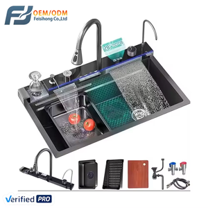 Fregadero de Cocina FSH 2025 OEM de Compuesto Negro con Cascada LED, Lavaplatos y Grifo Inteligente, Fregadero de Acero Inoxidable con Lavavajillas - Product Image 1