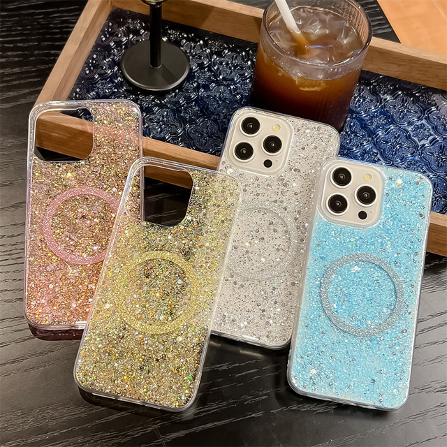 New Mobile Phone Accessories Case Bling Shiny Glitter Edge Magnetic Phone Case for iPhone 17 16 15 14 13 Pro Glitter Woman Case