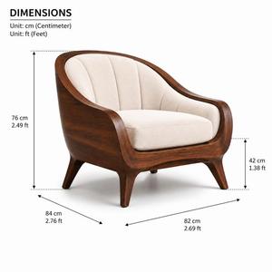 Fauteuil courbé de style mid-century, rembourré en tissu marron, avec structure en bois sculpté, pour salon. - Product Image 6