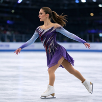 Robe de danse patinage violette à manches longues en maille nude, rayée et ornée de strass, pour enfants et adultes, pour compétition et performance