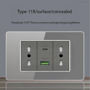 Enchufe de pared estándar italiano con USB inteligente tipo C de 20W con carga rápida, 2 puertos, 2 tomas, panel de interruptor de luz de vidrio. - Product Image 5