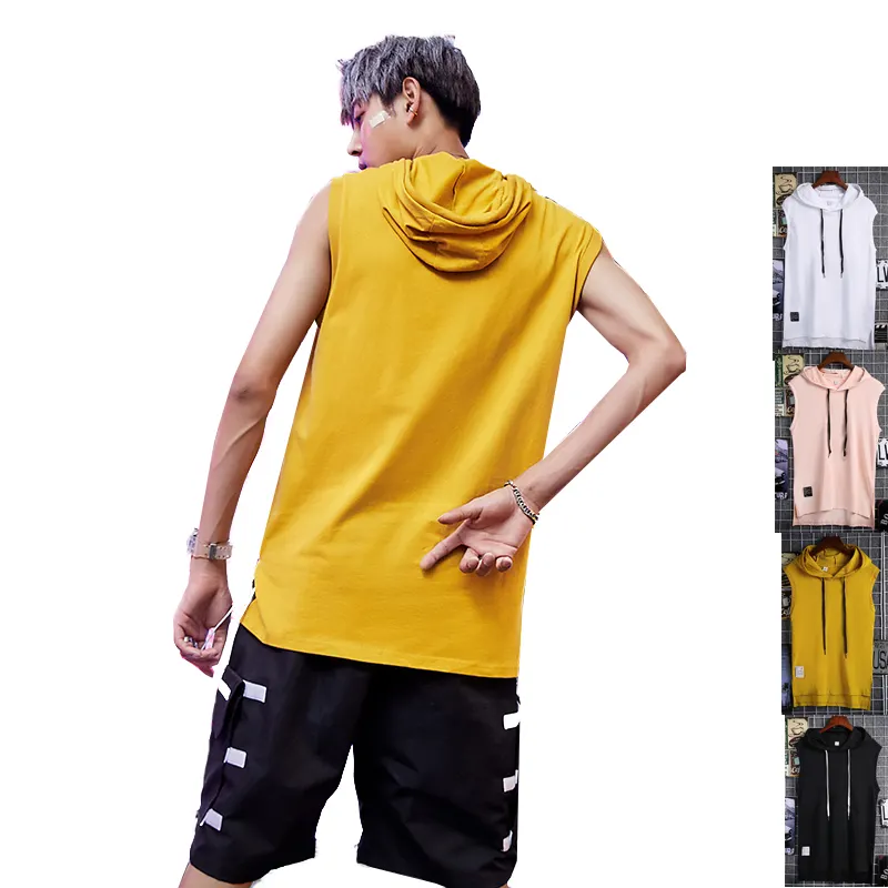 190g Oversize sleeveless 100% cotton top hoodies cool Youth men T shirts with hooded Tee Fashion street Top T-shirts
