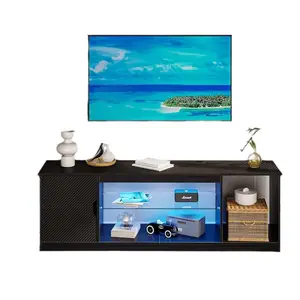 Modern Black Wooden Glass TV Console Game TV Stand with Cabinet for 60/65 Inch TV for Living Room Bedroom