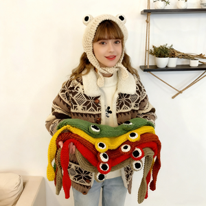 Mùa Đông Ấm Áp Tùy Chỉnh Dễ Thương Ếch <span class=keywords><strong>Beanie</strong></span> Hat Fluffy Cáp Dệt Kim Earflap Đan Headband Mũ Cho Phụ Nữ Đi Du Lịch - Product Image 5