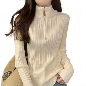 Pull en maille pour femme, élégant, à col roulé mi-haut, avec fermeture éclair, haut de gamme, à manches longues, design tendance, couche de base - Product Image 4