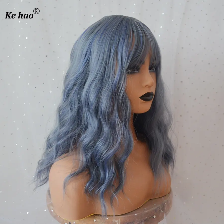 Good Quality Highlight Synthetic Blue Women's Wigmiddle Part Medium Long Gluless Wigs With Bangs Water Wave Hair Extensions