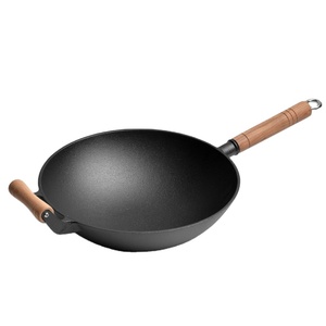 <span class=keywords><strong>Wok</strong></span>-sartén de hierro fundido presazonado, fondo redondo, chino, con mango de madera y tapa - Product Image 1
