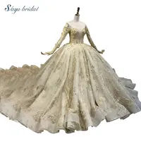 Кружевное свадебное платье ручной работы, золотистое платье с длинными рукавами, V-образным вырезом, открытыми плечами, вышивкой и бисером, 2020