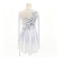 Robe de patinage et de danse blanche et bleue, col rond, manches longues en maille, dos découpé avec strass, pour enfants et adultes, compétition et performance