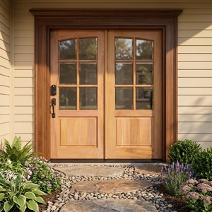 Porte d'entrée double en bois massif de style américain, avec un design cintrée et des panneaux de verre à 6 vitres, équipée d'une serrure intelligente. - Product Image 2
