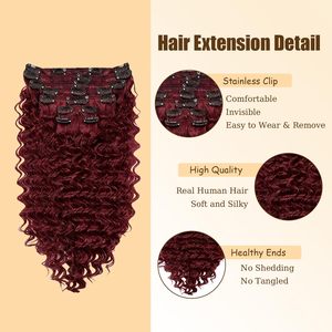 Extensioni per <span class=keywords><strong>capelli</strong></span> con clip in vero capello umano Remy brasiliano, 12 pollici, colore bordeaux/rosso vino 99J, morbide, 120g, 7 pezzi, onda profonda setosa per donna - Product Image 4