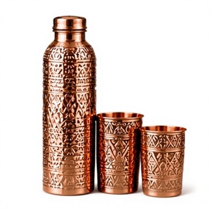 Designer Copper Water Bottle with Lid and <b>2</b> <b>Cups</b> Set Handcrafted Etched <b>Flask</b> Portable Drinkware - Product Image 1