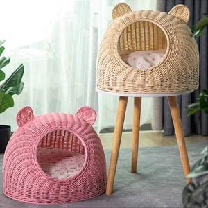 Nette Katze Höhle Haustier Bett Haus Großhandel natürliche handgemachte gewebte blau und rosa atmungsaktive Handwäsche Katze Rattan Bett Haus - Product Image 5