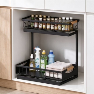 Lot de 2 étagères de rangement sous évier, organisateur métallique à 2 niveaux, panier coulissant pour armoire avec poignée - Product Image 2
