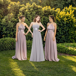Vestido de dama de honor de gasa hasta el suelo, sin tirantes, con corpiño plisado y cinturón de satén, estilo línea A, gris clásico - Product Image 3
