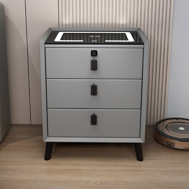 Light-luxury Modern Minimalist Three-drawer Smart Nightstand Side Table with Wireless Charging Bluetooth Speaker Tempered Glass