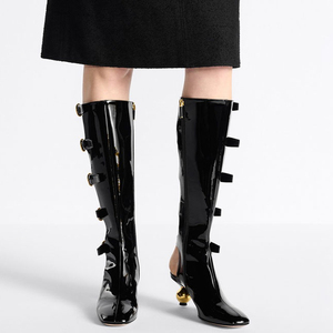 Summer Belt Buckles Women Knee High <b>Boots</b> Round Gold Ball Heels Patent Long Booties Square Toe Back Cut Out Sandals Shoes - Product Image 4