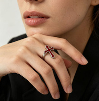 Bagues ouvertes ajustables en alliage d'argent style gothique vintage pour femmes et hommes, avec croix en émail rouge et noir, tendance hip-hop