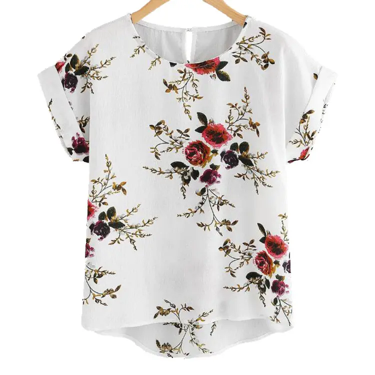 Blusa informal con estampado Floral para verano, camisa de manga corta con cuello redondo para mujer