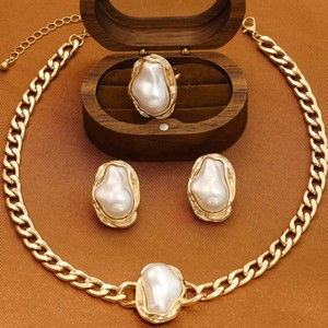 Women 4Pcs Irregular Baroque <b>Pearl</b> Jewelry Set Gold Plated Curb Chain <b>Necklace</b> Open Cuff Bracelet Ring Stud <b>Earring</b> Set - Product Image 4