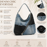 Sac à bandoulière en jean grande capacité, style streetwear décontracté, sac souple avec détails effilochés, sac hobo en jean à motifs pour les trajets quotidiens
