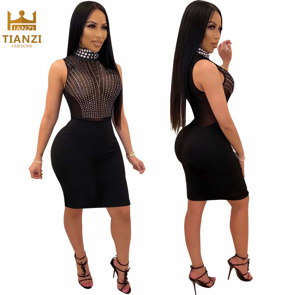 W8155 женское современное Сетчатое прозрачное Бандажное сексуальное Клубное платье со стразами для вечеринки
