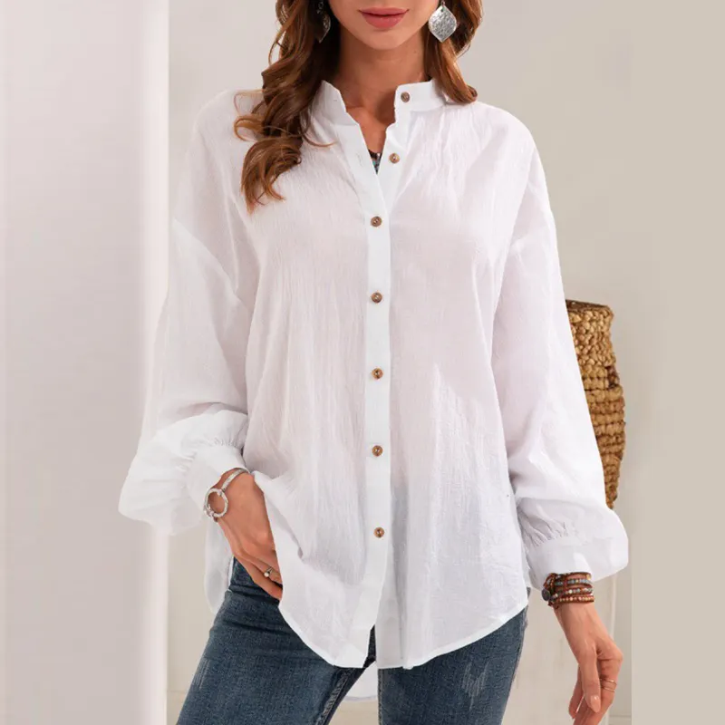 2022 नई फैशन महिलाओं ठोस रंग सफेद ढीला में सबसे ऊपर लंबी आस्तीन आकस्मिक शर्ट लेडी स्टैंड कॉलर बटन वसंत शर्ट