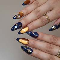 Nouvelle Offre Spéciale : Faux Ongles Chinois Xiuhe en Acrylique à Coller, Bleu Foncé, Effet Feuille d'Or, Œil de Chat, Fleur de Prunier, Forme Amande, Personnalisables