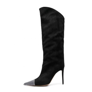Women Tie-dye Denim Knee High Boots Soft Suede Thin Heels Long Booties High-Heeled Ladies Diamonds Stiletto Pumps <b>Shoes</b> - Product Image 2
