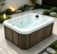 Bain à remous massant en acrylique avec 2 sièges inclinables, bain spa avec bordure en bois
