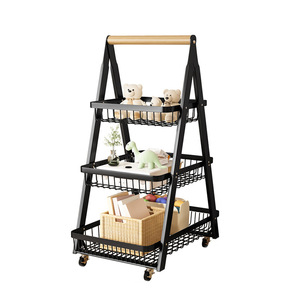 Chariot de rangement pliable moderne avec roulettes, étagère en métal noir pour cuisine, salon, organisateur multi-niveaux pour jouets et fournitures de bureau - Product Image 2
