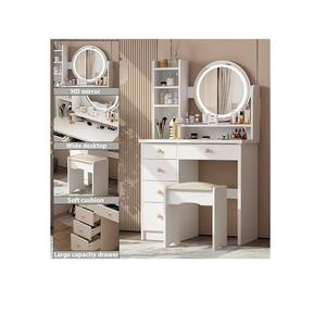 Juego de tocador de maquillaje con luces LED y espejo, mesa de maquillaje con cajón y estación de carga, tocador con taburete para Be - Product Image 1