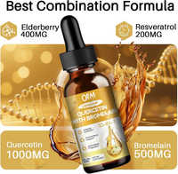 Gouttes liquides de Quercétine liposomale, Quercétine, Bromélaïne, Baies de sureau, Vitamine C, Zinc – Complément pour le cœur et les os