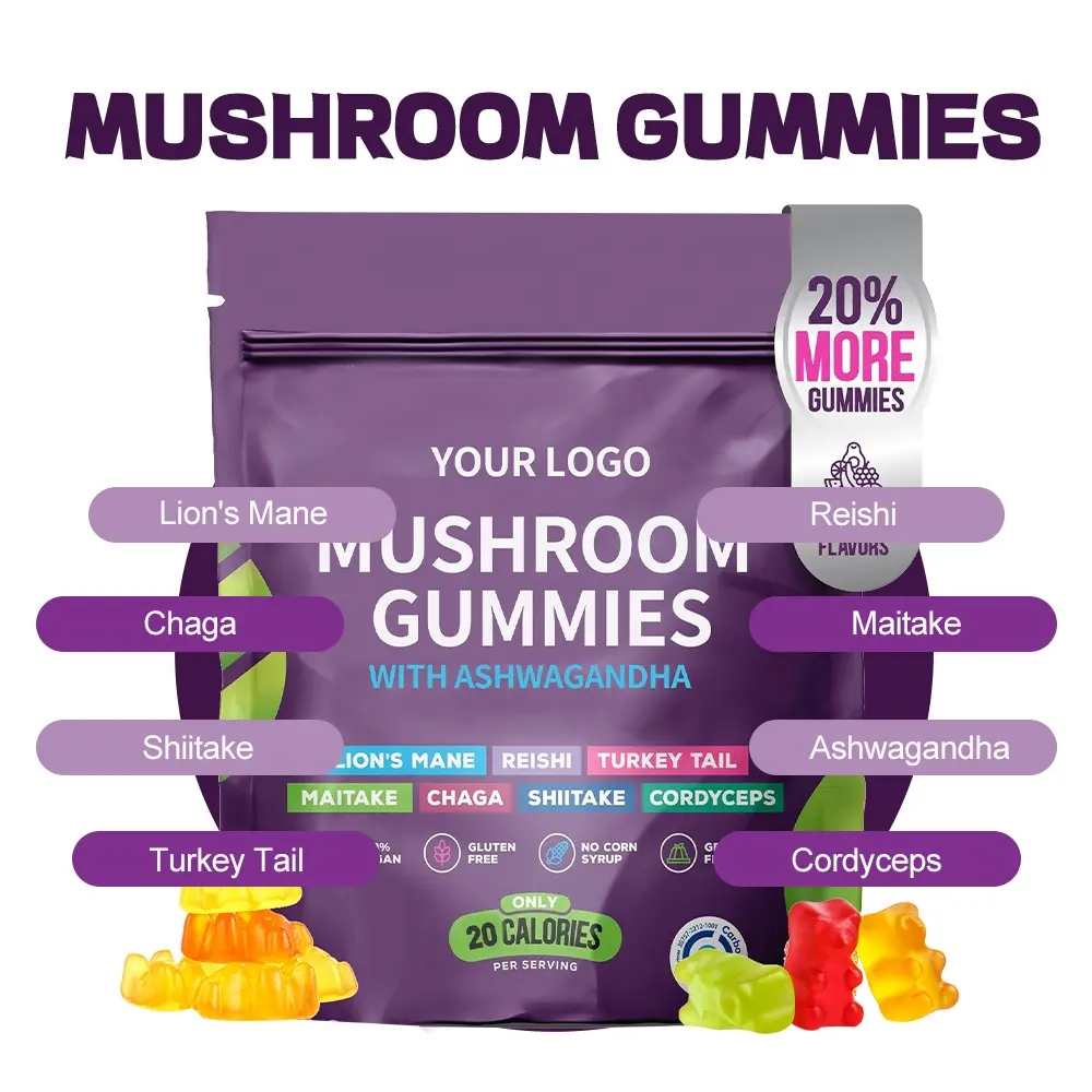 OEM/ODM nấm Gummies: Nấm nootropic não bổ sung cho người ăn chay sư tử bờm Reishi Chaga