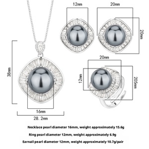 Factory Wholesale Eco-friendly Copper 16-12MM Grey Pearl Square Shape Jewelry <b>Set</b> Premium Necklace Earrings Ring <b>Set</b> - Product Image 2